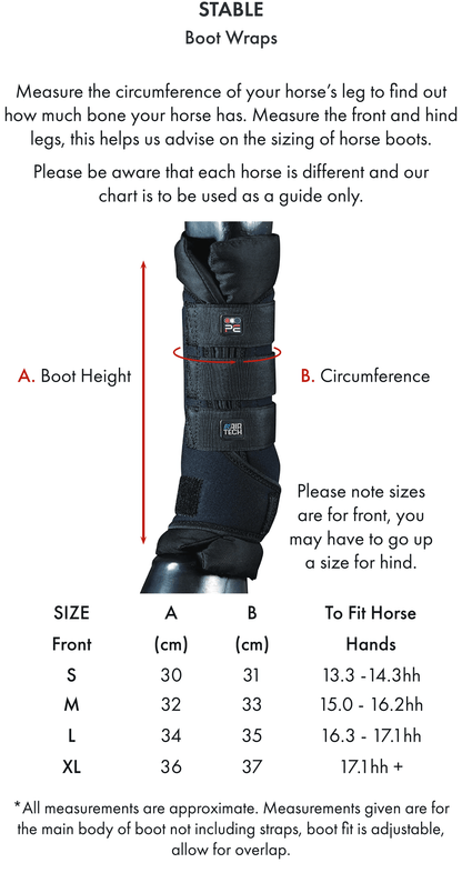 Premier Equine Stable Boot Wraps Inc. Liners - Size Chart