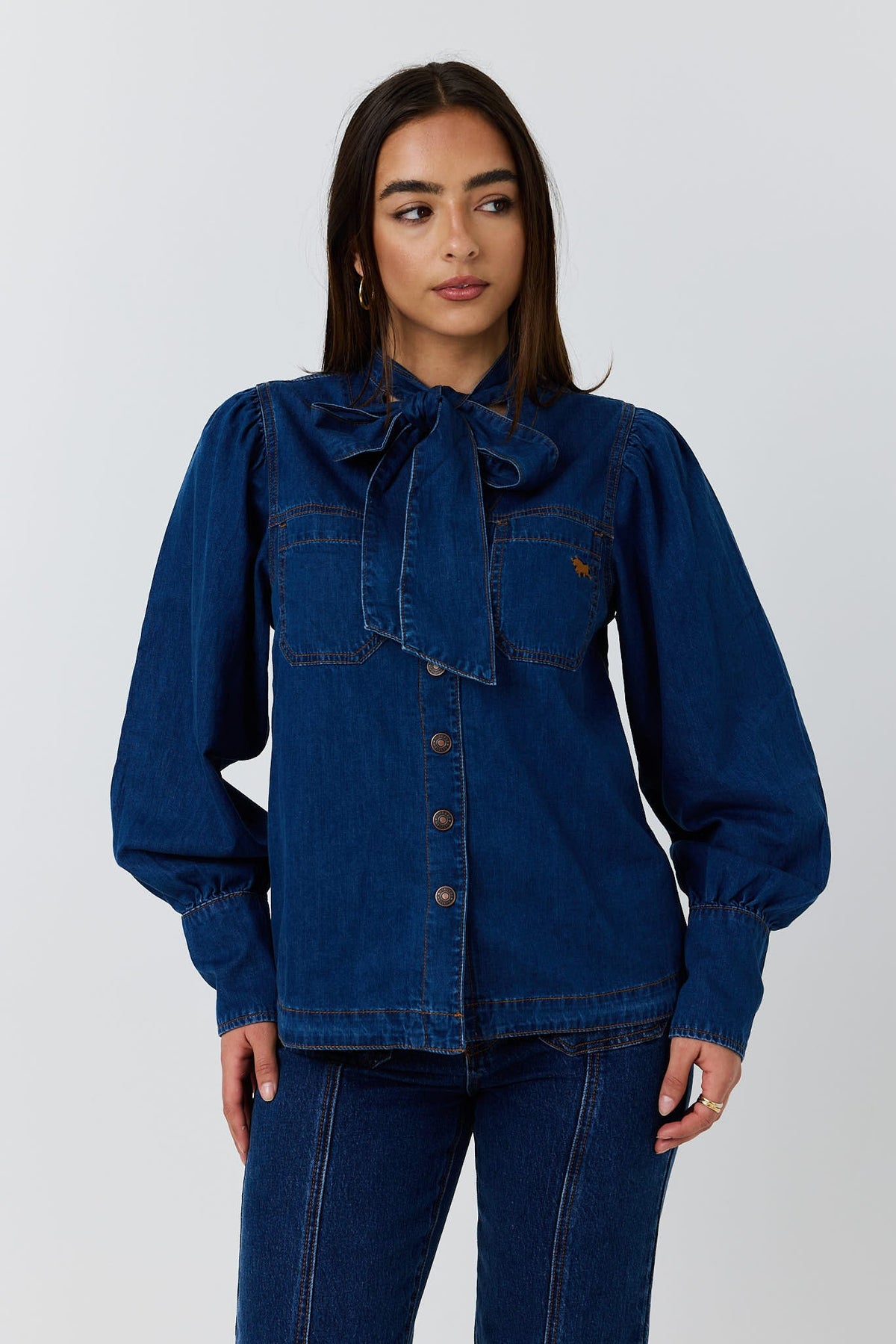 Ringers Western Avery Womens Tie Neck Denim Shirt - 2