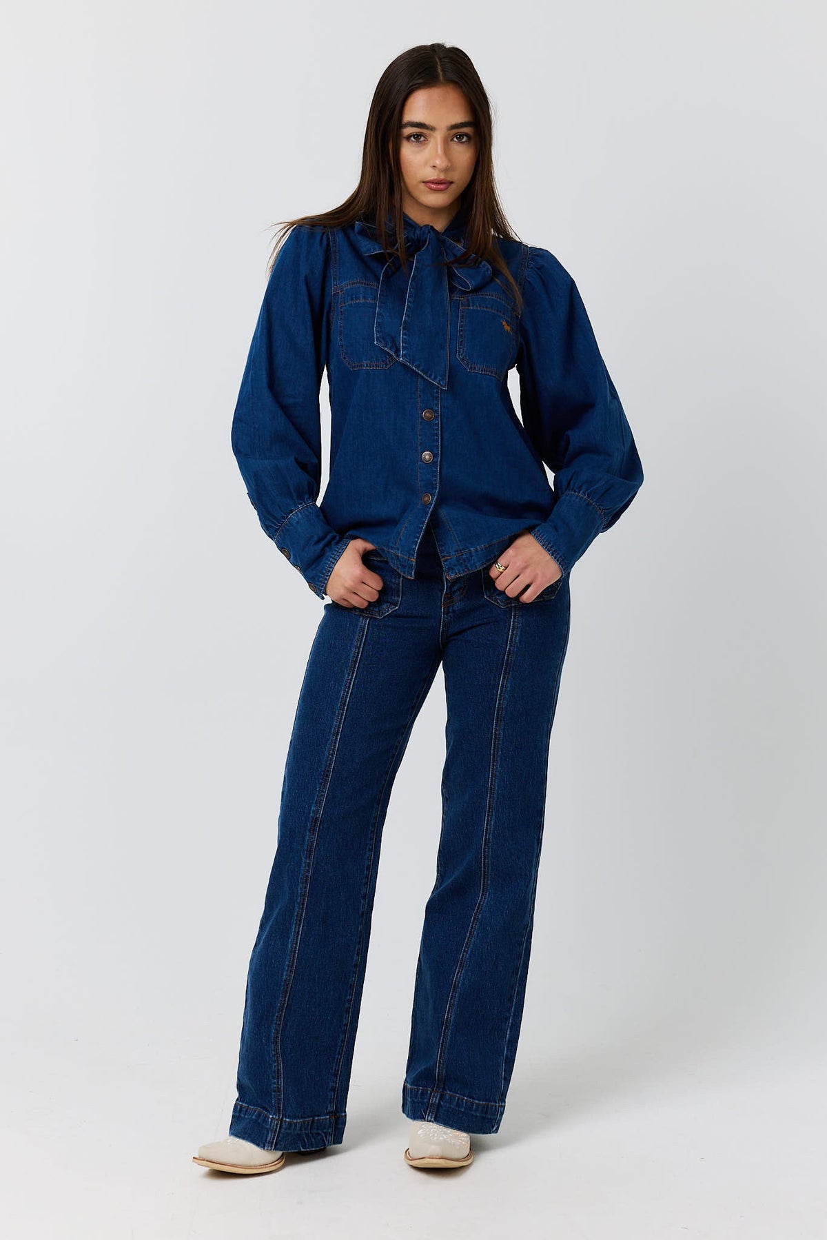 Ringers Western Avery Womens Tie Neck Denim Shirt - Front