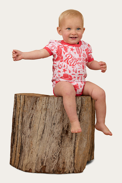 Ringers Western Boot Scootin Babies Short Sleeve Romper - Barley Pink