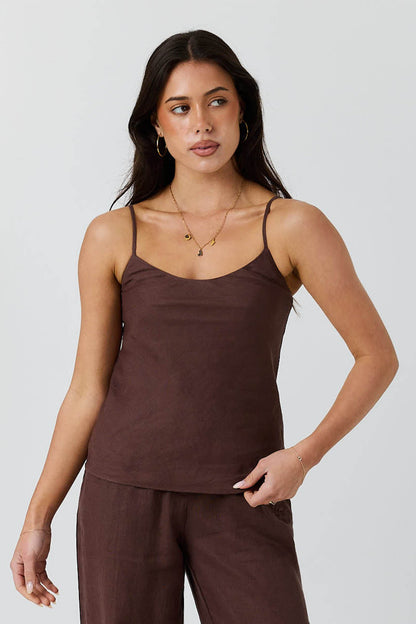 Ringers Western Carmen Womens Bias Cut Linen Cami Top - Chocolate