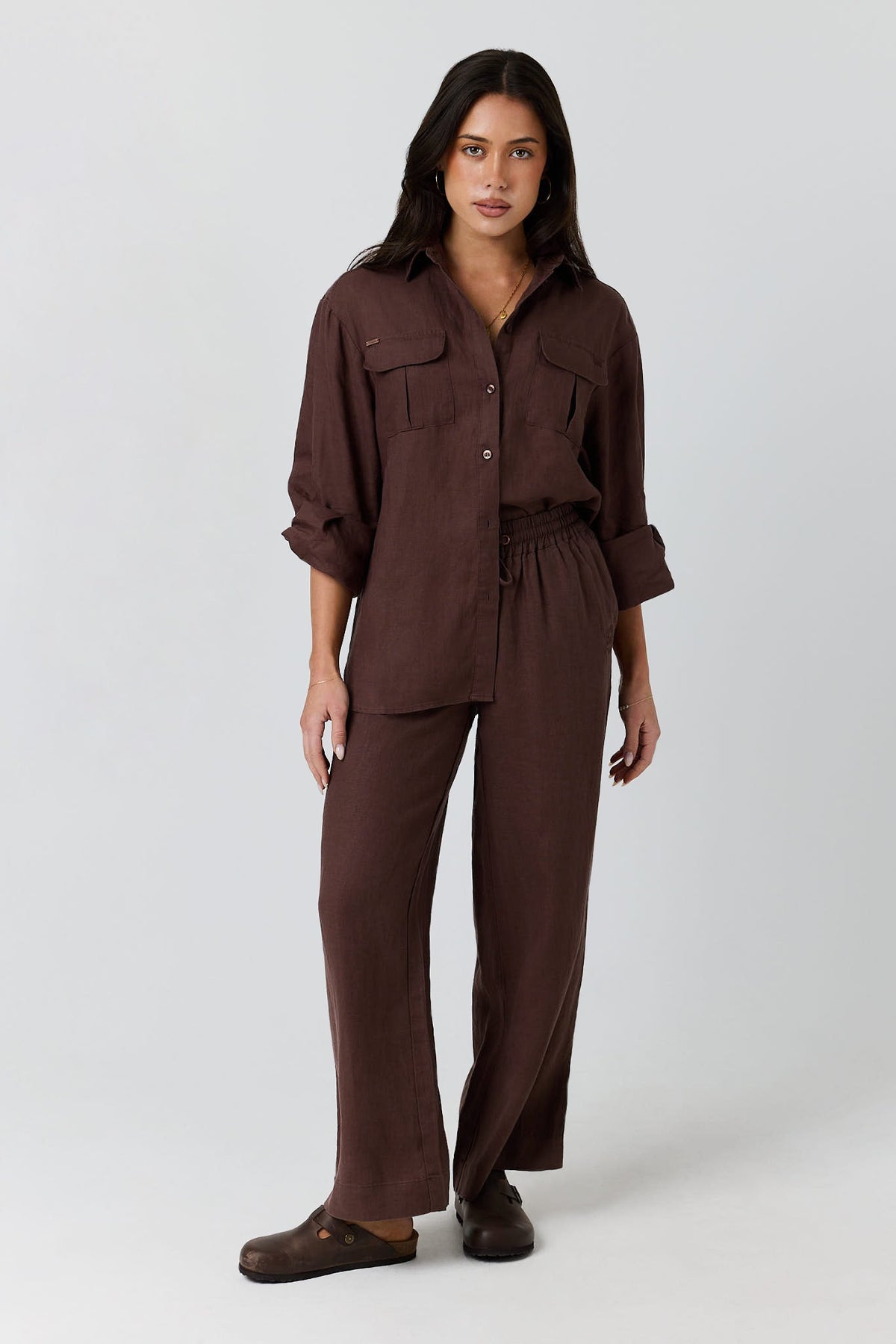 Ringers Western Celine Womens Oversized Linen Shirt - Chocolate Front