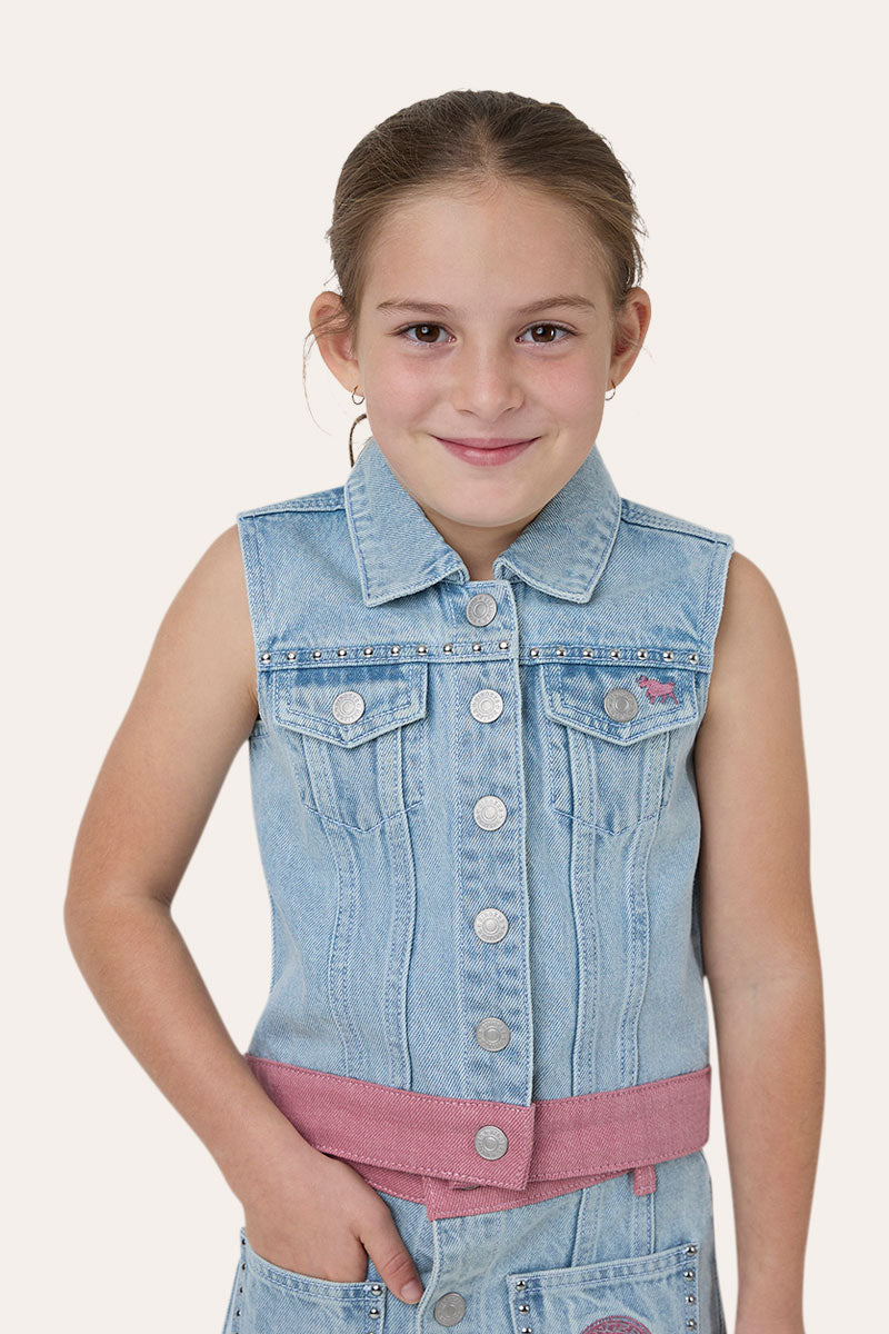 Ringers Western Cowgirl Club Kids Girls Studded Vest - Light Blue
