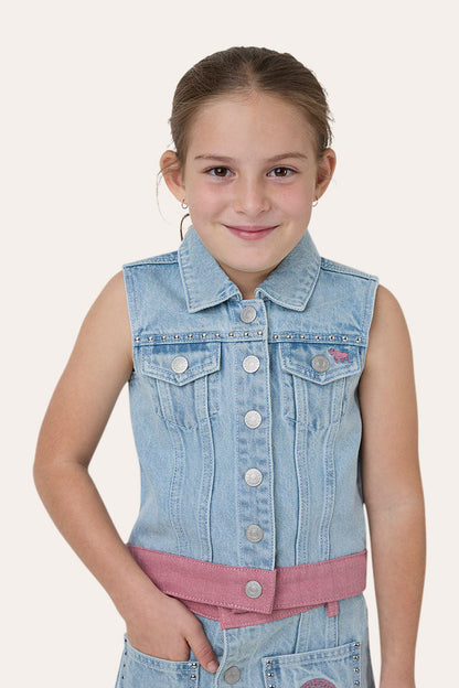 Ringers Western Cowgirl Club Kids Girls Studded Vest - Light Blue