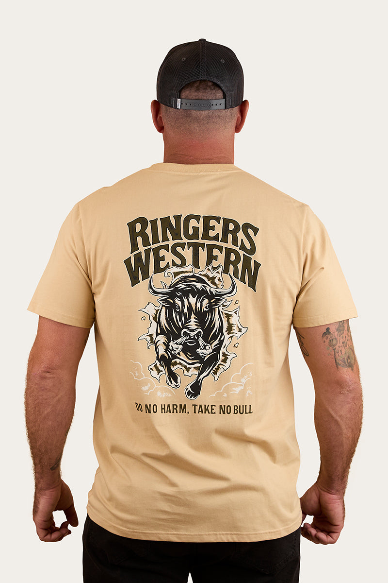 Ringers Western Do No Harm Take No Bull Mens Loose Fit T-Shirt - Dark Sand