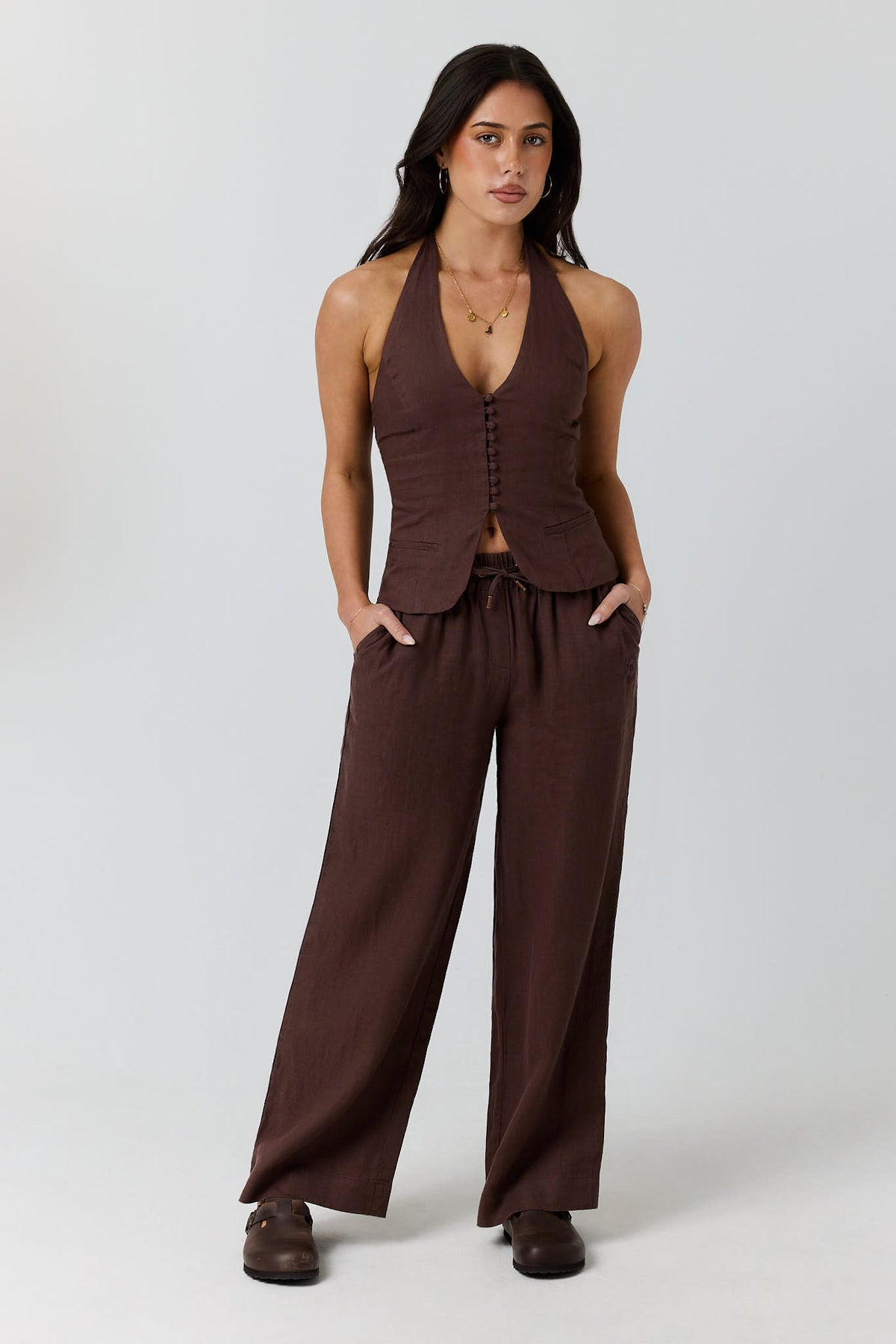 Ringers Western Fallon Womens Linen Halter Top - Chocolate Front
