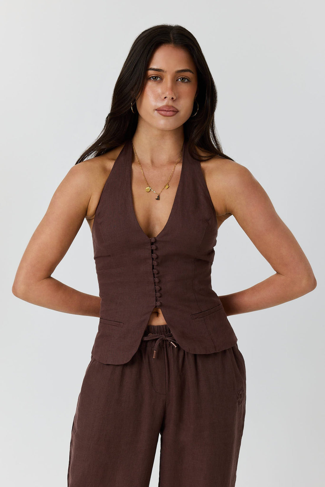 Ringers Western Fallon Womens Linen Halter Top - Chocolate