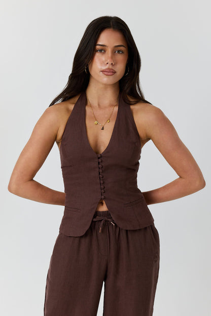 Ringers Western Fallon Womens Linen Halter Top - Chocolate