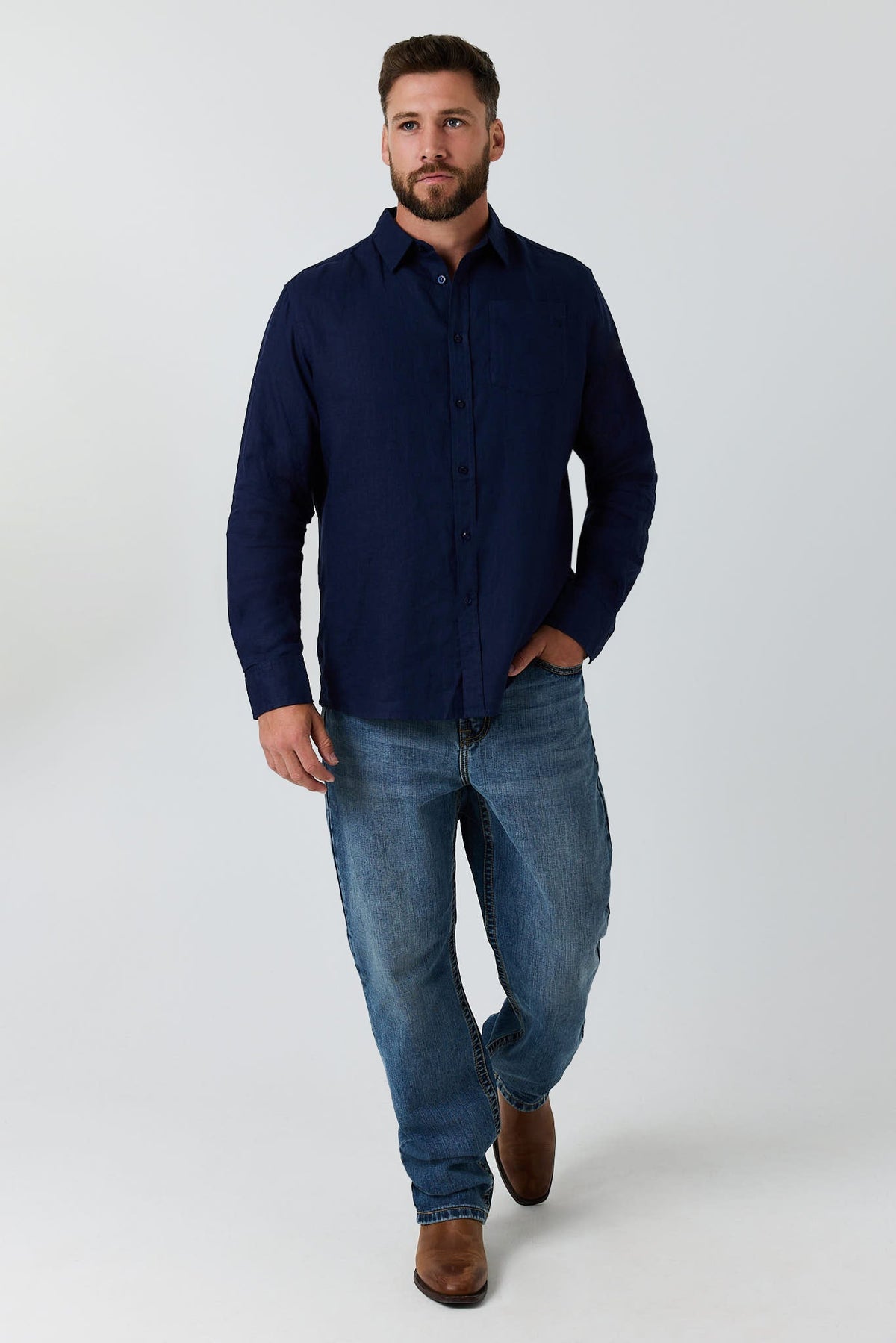 Ringers Western Fieldstone Mens Linen Shirt - Navy Front