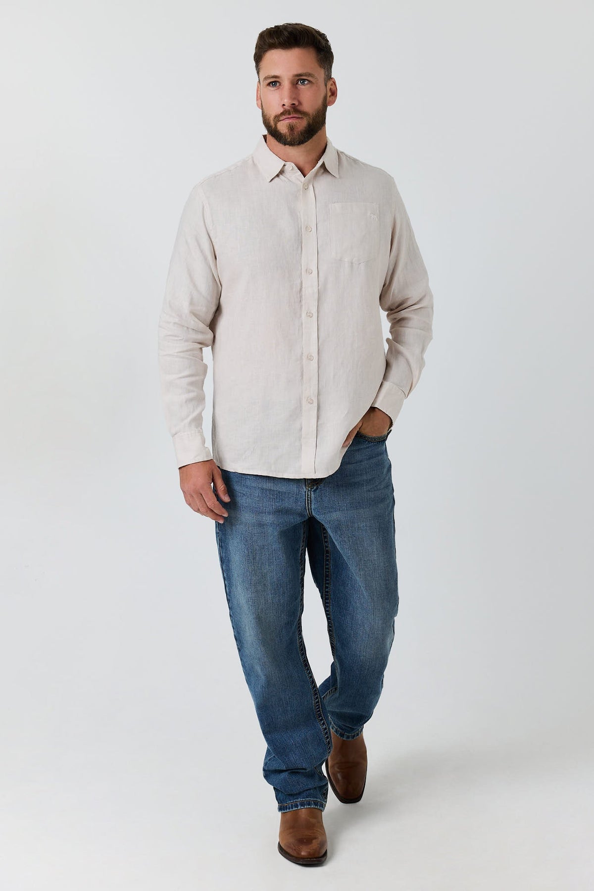 Ringers Western Fieldstone Mens Linen Shirt - Sand Front