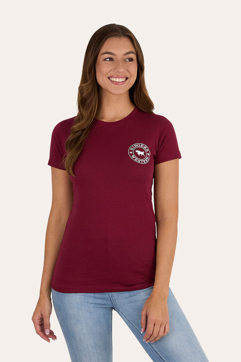 Ringers Western GEC Signature Bull Womens Classic Fit T-Shirt - Burgundy White Front