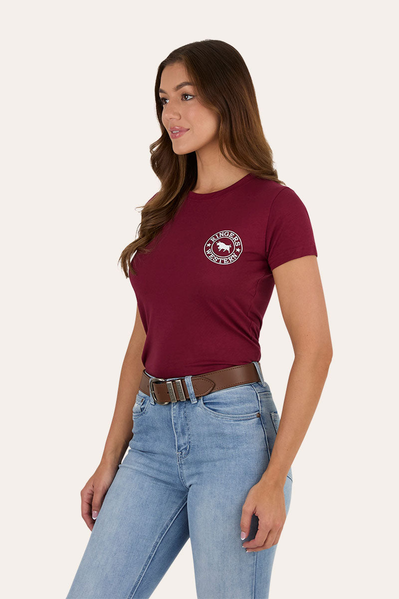 Ringers Western GEC Signature Bull Womens Classic Fit T-Shirt - Burgundy White Side
