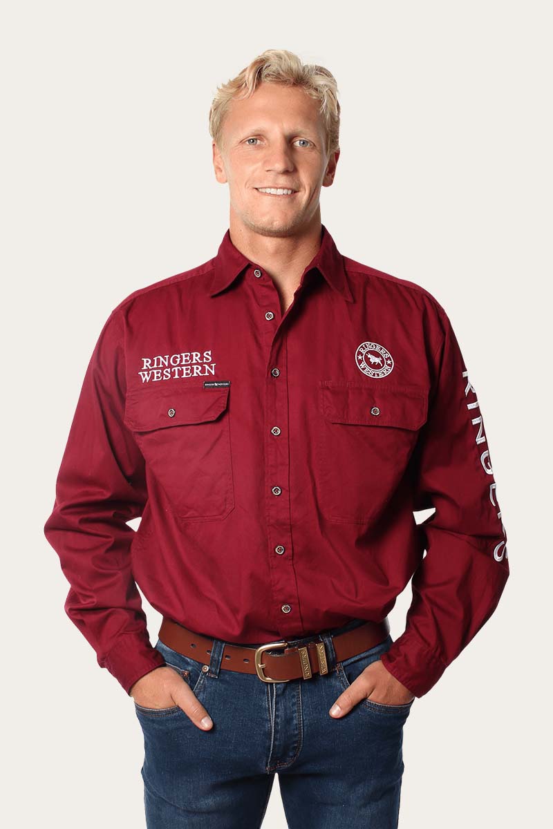Ringers Western Hawkeye Mens Full Button Work Shirt - Burgundy White