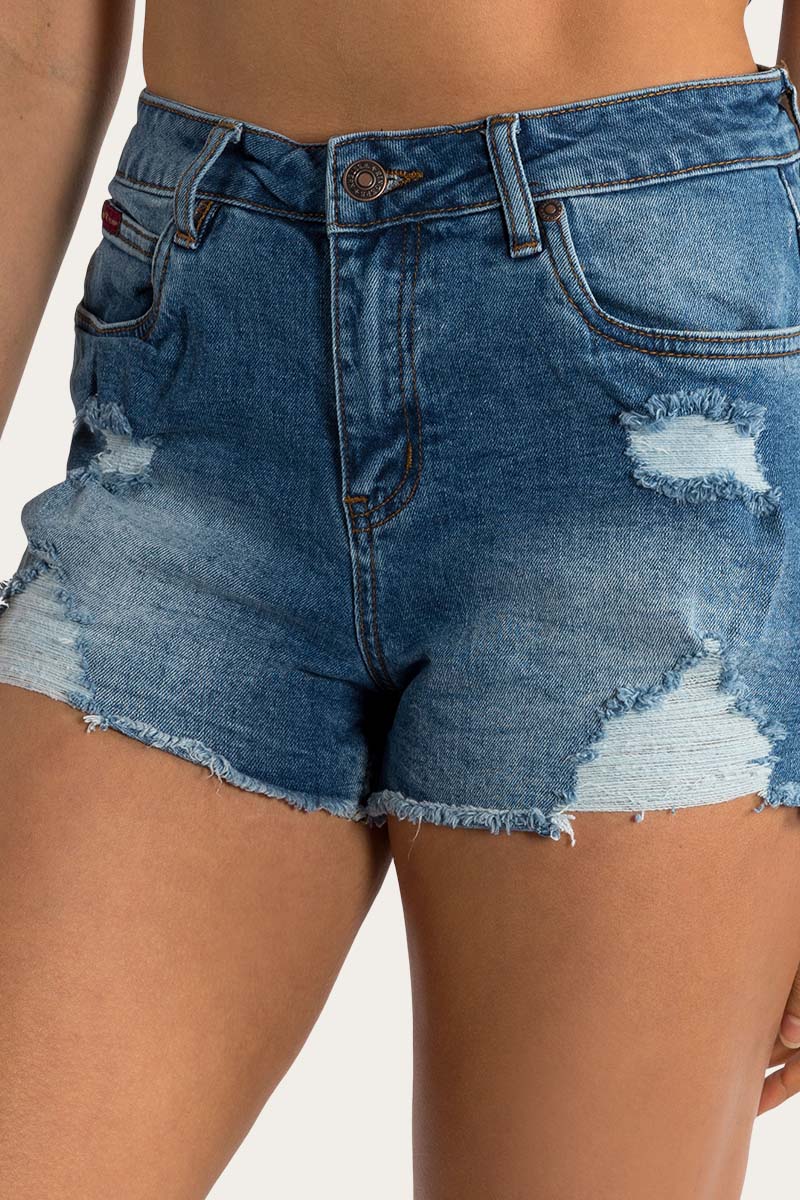 Ringers Western Jessie Womens Mid Rise Ripped Denim Short - True Blue