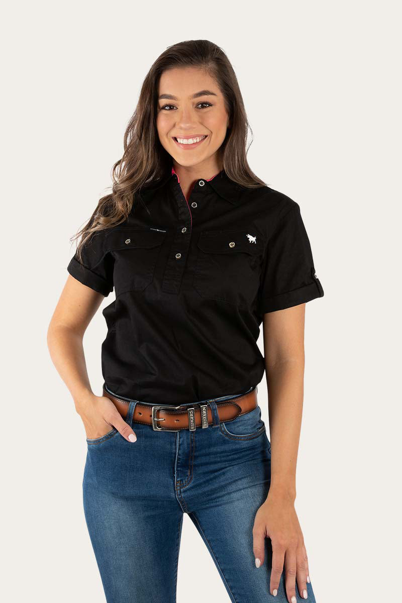 Ringers Western Jules Womens Half Button Short Sleeve Work Shirt - Black Melon