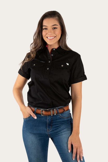 Ringers Western Jules Womens Half Button Short Sleeve Work Shirt - Black Melon
