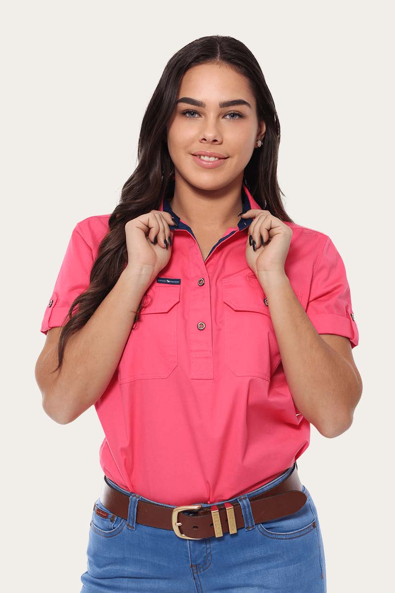 Ringers Western Jules Womens Half Button Short Sleeve Work Shirt - Melon