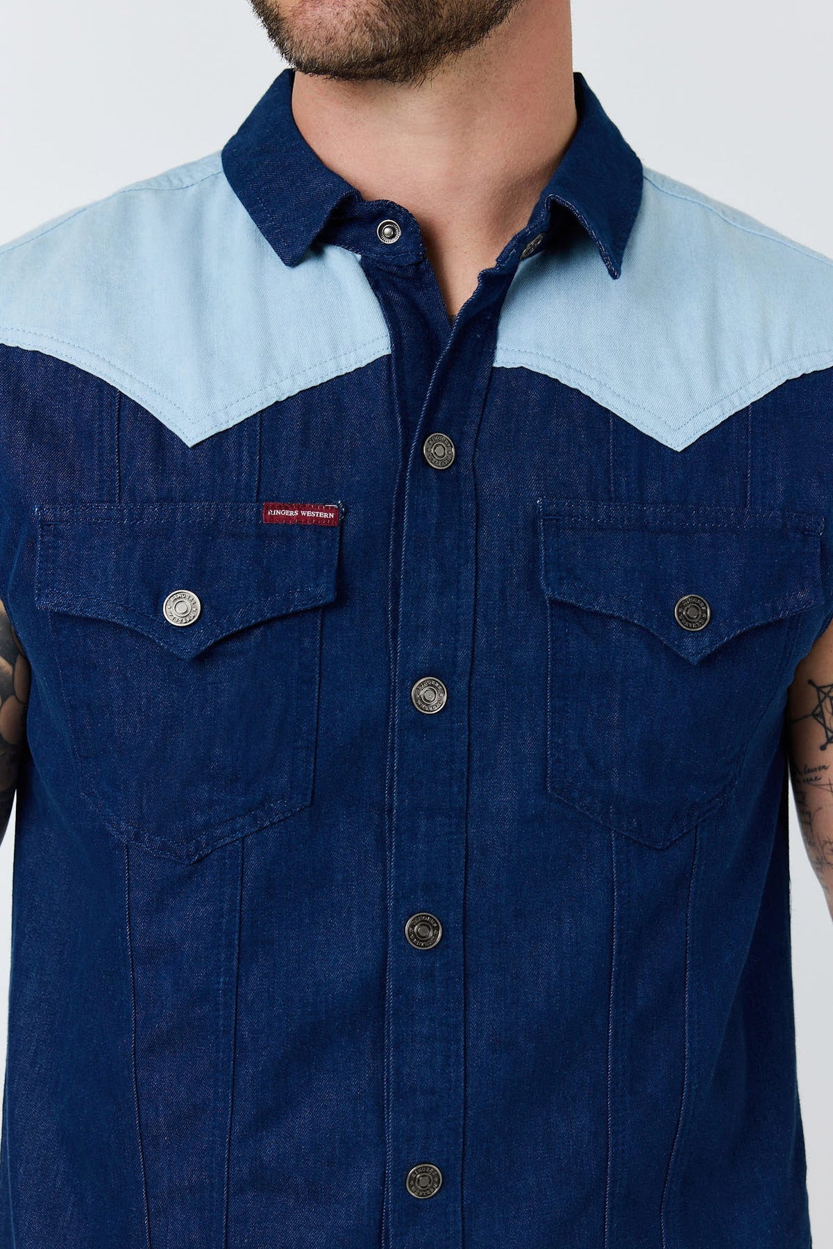 Ringers Western Out of Range Mens Sleeveless Denim Western Shirt