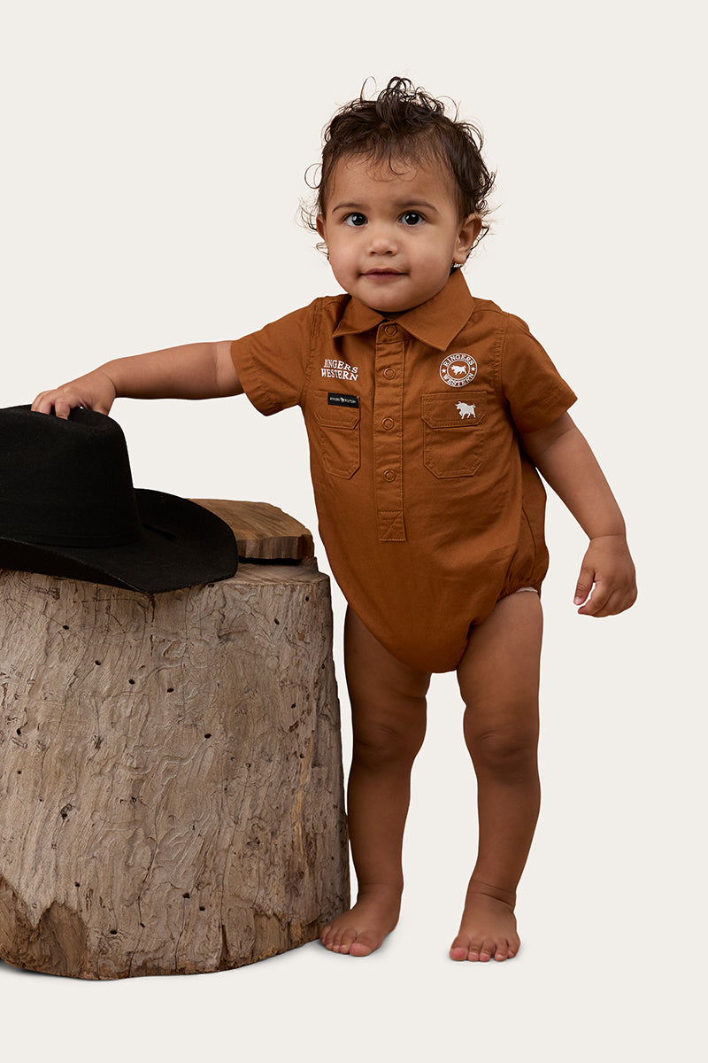 Ringers Western Ringers Babies Short Sleeve Work Shirt Romper - Tobacco White
