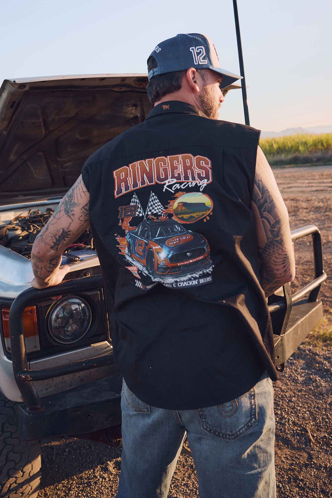 Ringers Western Ringers Racing Mens Full Button Sleeveless Work Shirt - Black