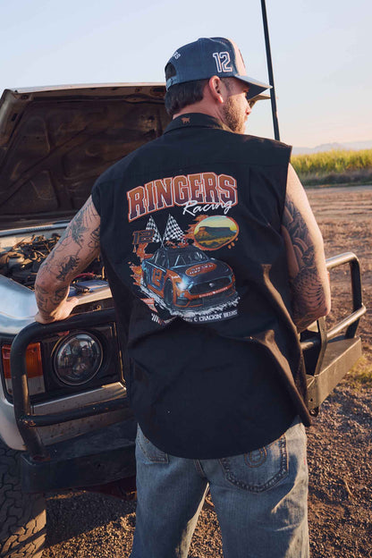 Ringers Western Ringers Racing Mens Full Button Sleeveless Work Shirt - Black