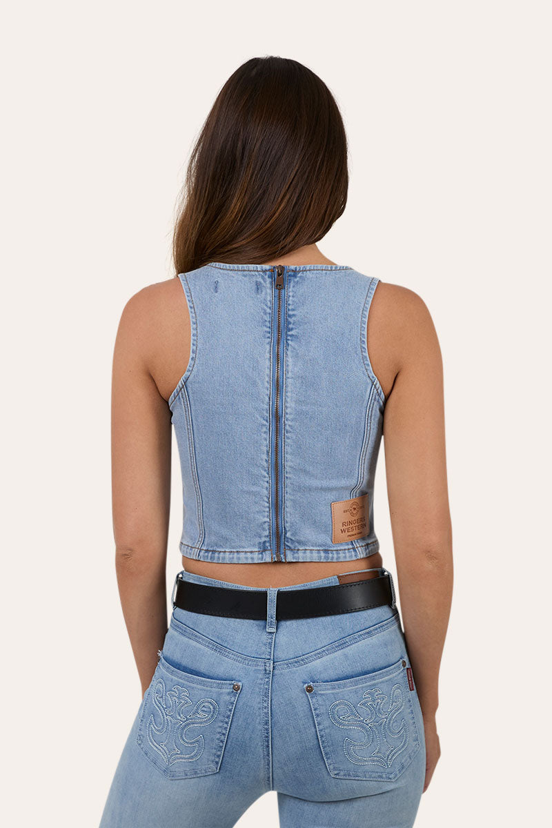 Ringers Western Rodeo Rose Womens Lace Front Vest - Light Blue Back