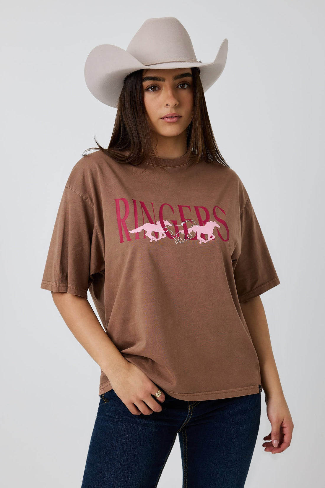 Ringers Western Running Herd Womens Oversized T-Shirt - Washed Saddle Brown