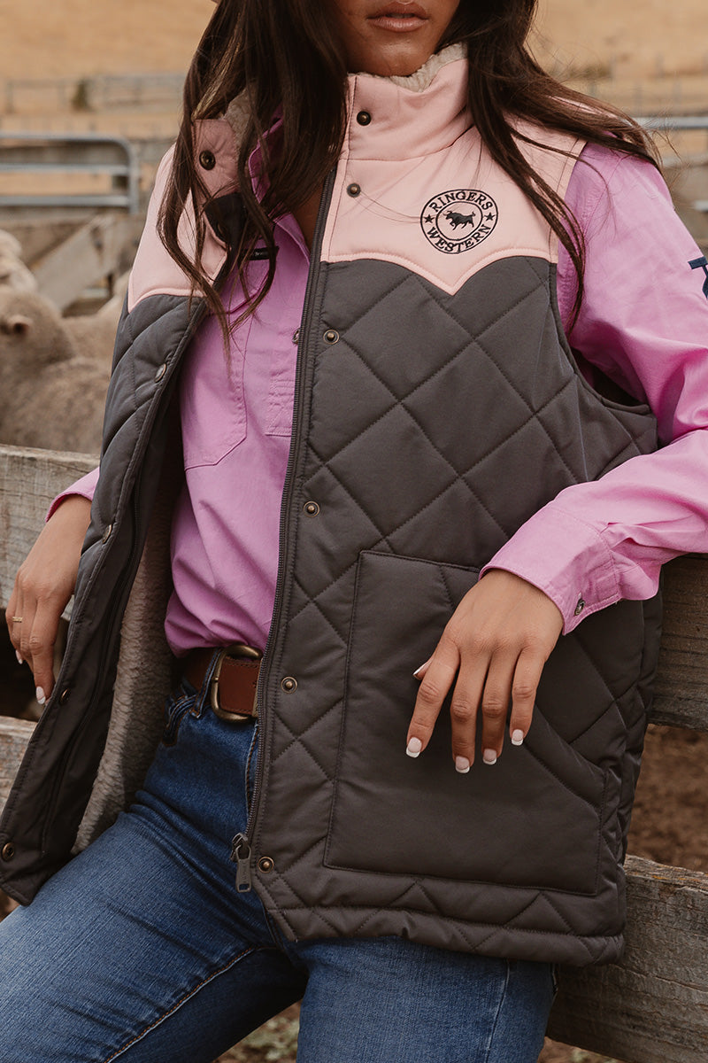 Ringers Western Selwyn Womens Puffer Vest - Charcoal Pink