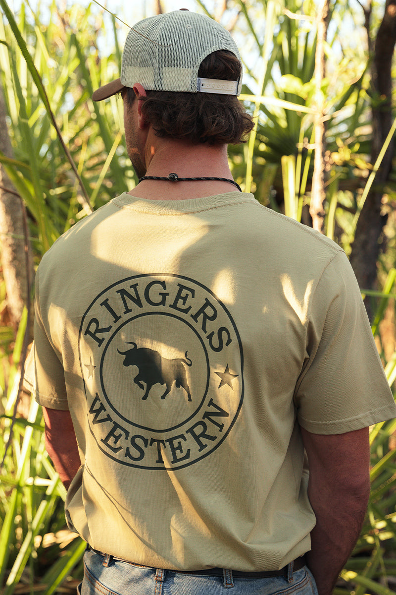 Ringers Western Signature Bull Mens Loose Fit T-Shirt - Pale Olive/Military Green