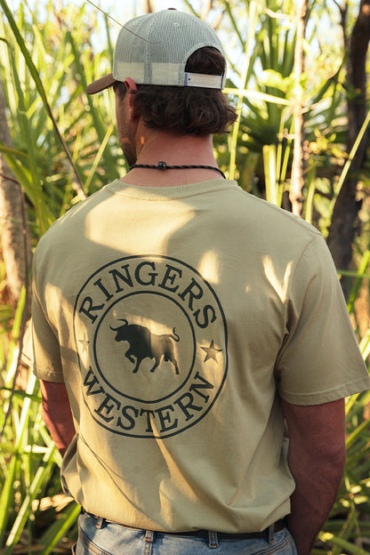 Ringers Western Signature Bull Mens Loose Fit T-Shirt - Pale Olive/Military Green