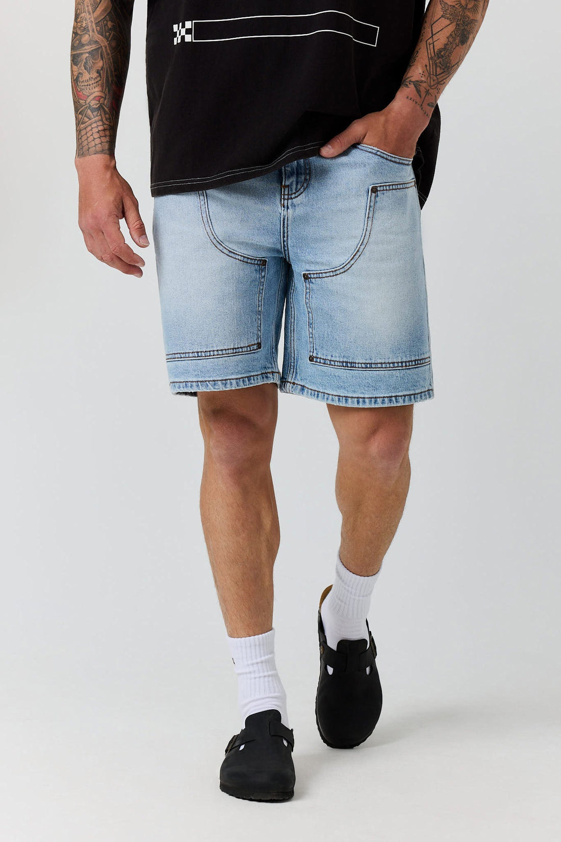 Ringers Western Silver Spurs Mens Denim Carpenter Short - Front