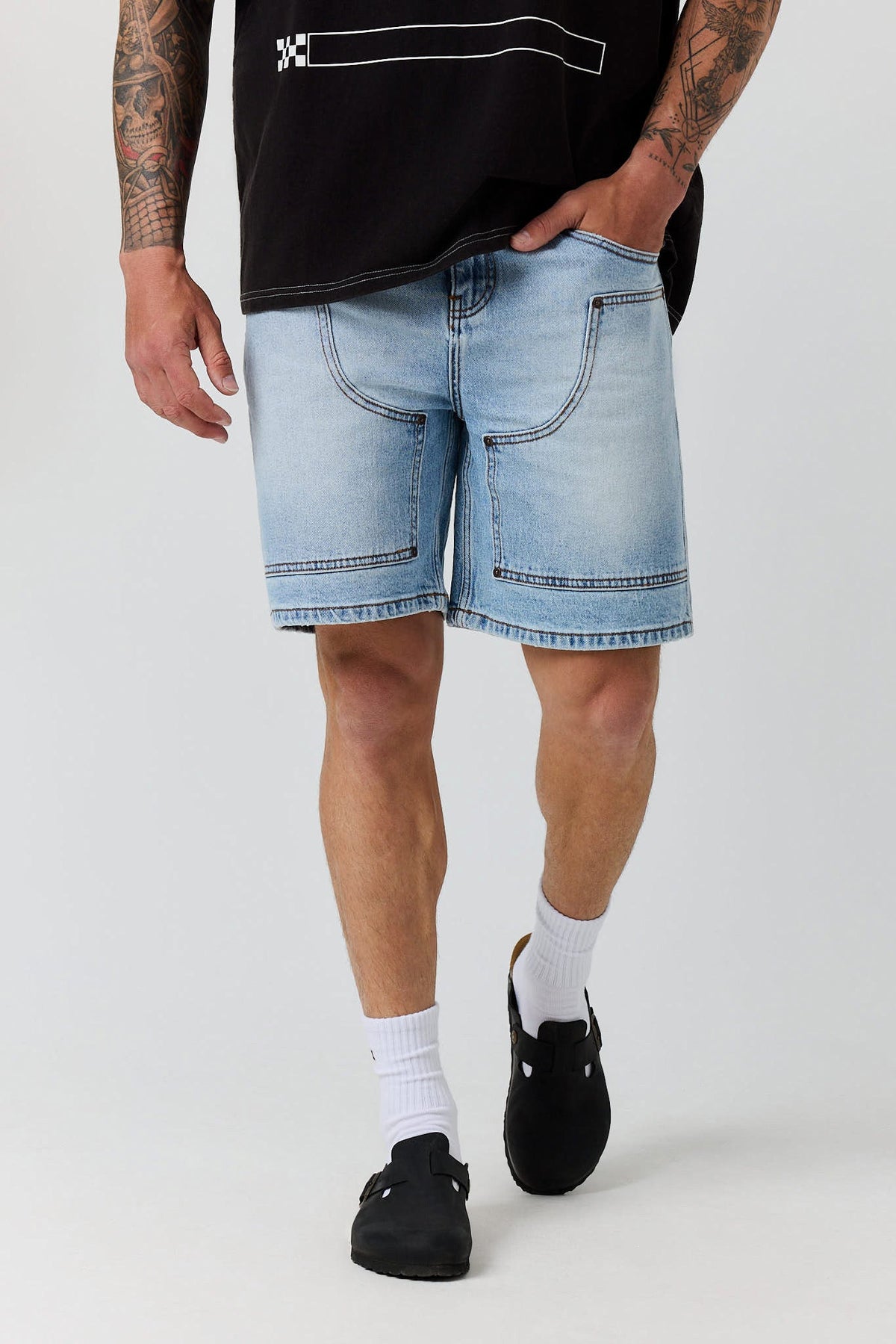 Ringers Western Silver Spurs Mens Denim Carpenter Short - Front