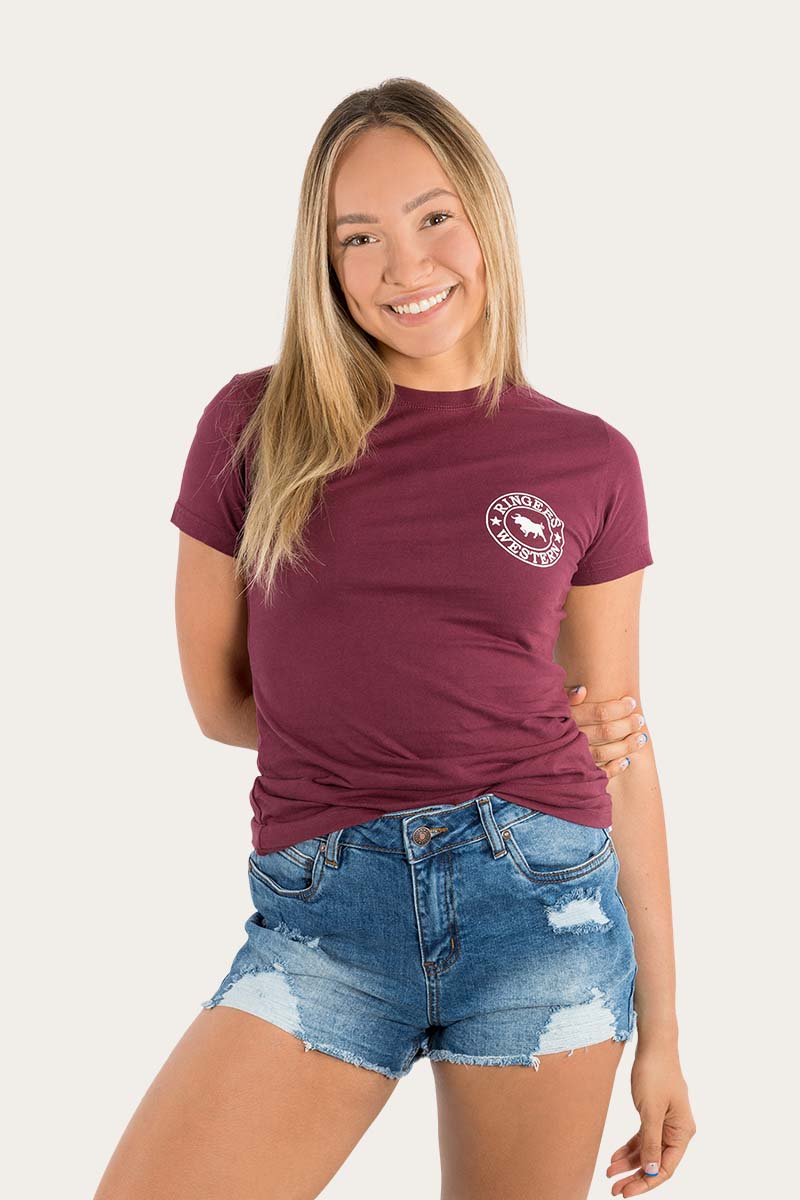 Ringers Western 
Signature Bull Womens Classic Fit T-Shirt - Burgundy/White