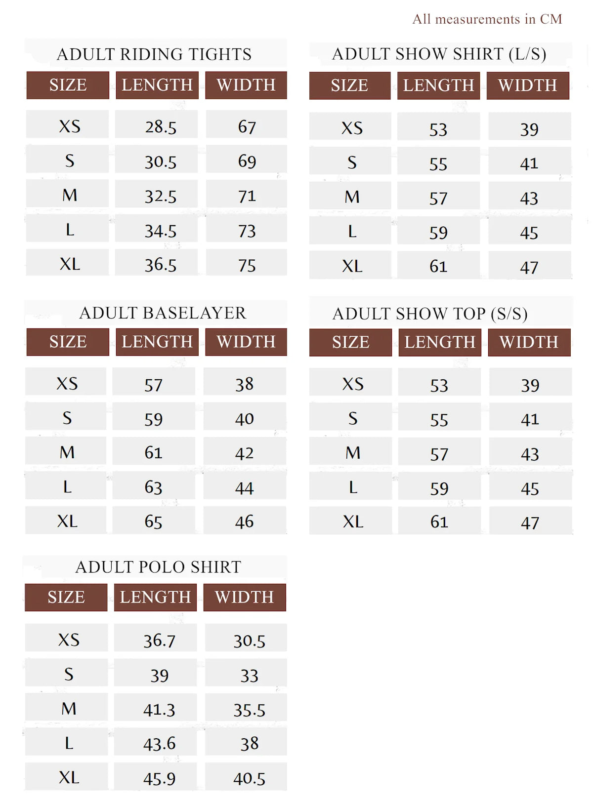 Saddle &amp; Canter Riding Top - Size Chart