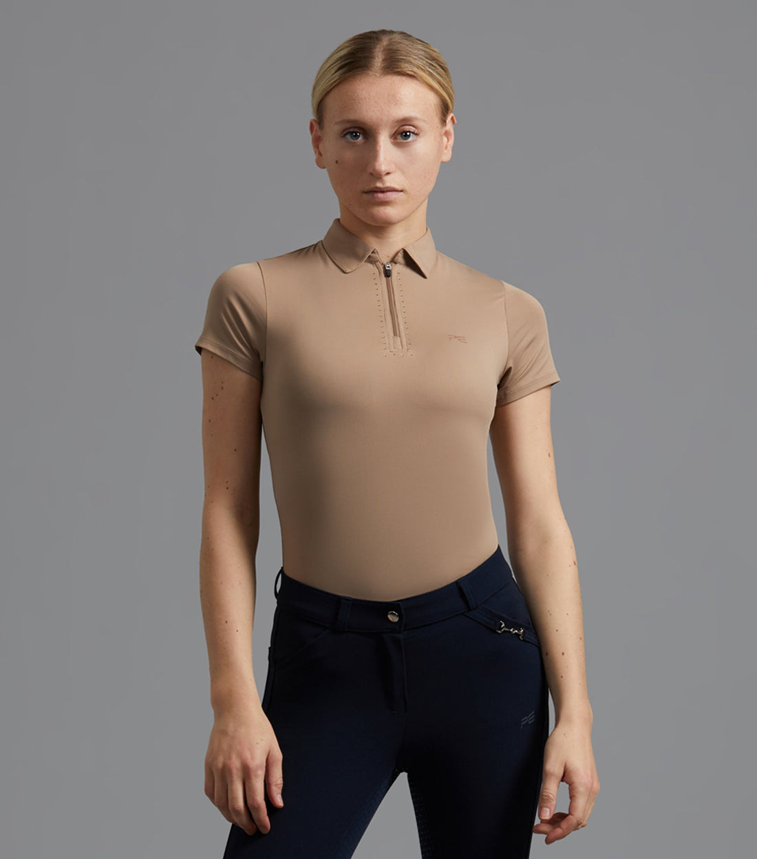 Description:Scintillo Ladies Short Sleeve Riding Top_Colour:Beige_Position:1