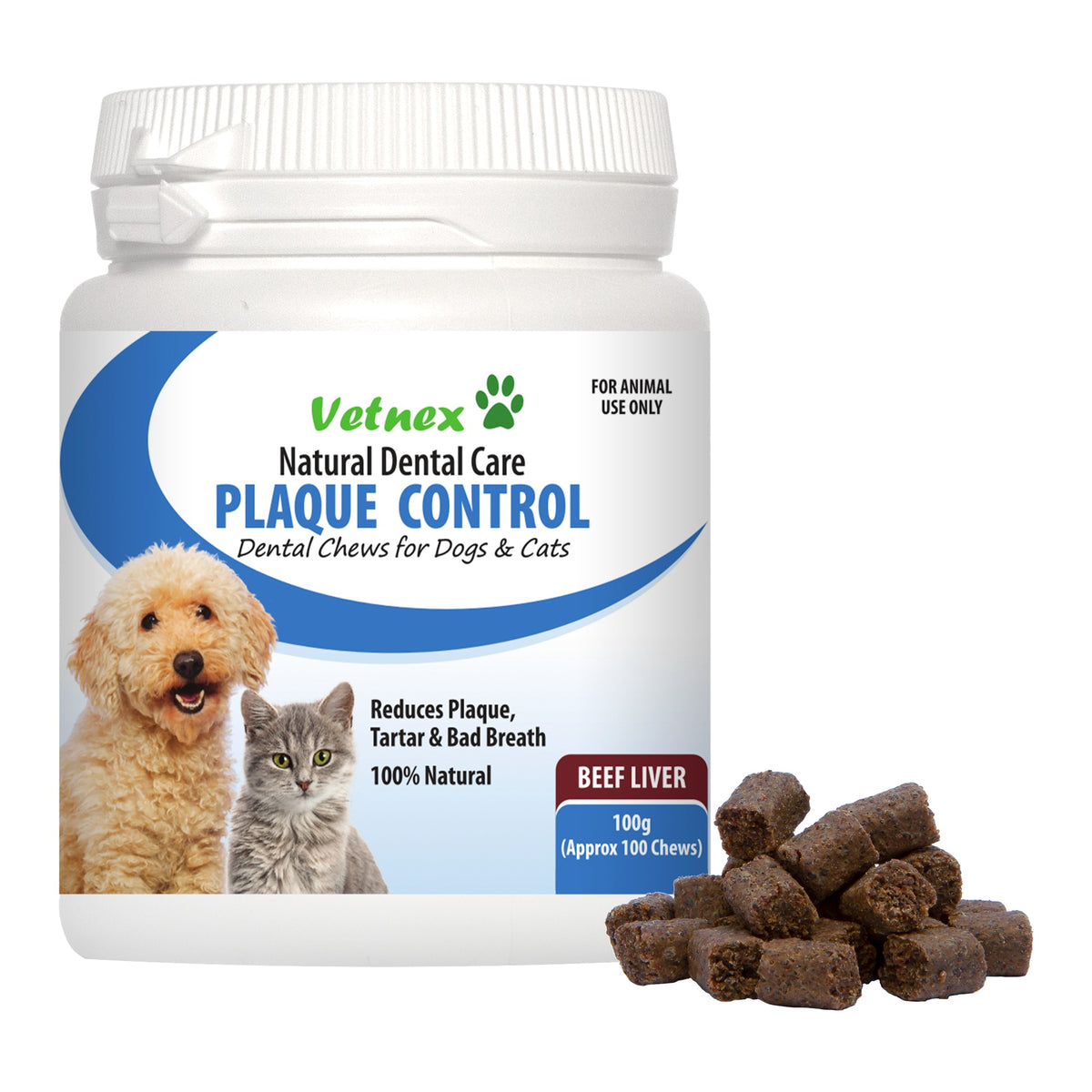 Vetnex Plaque Control Dental Chews beef liver flavour 100g tub for dogs and cats