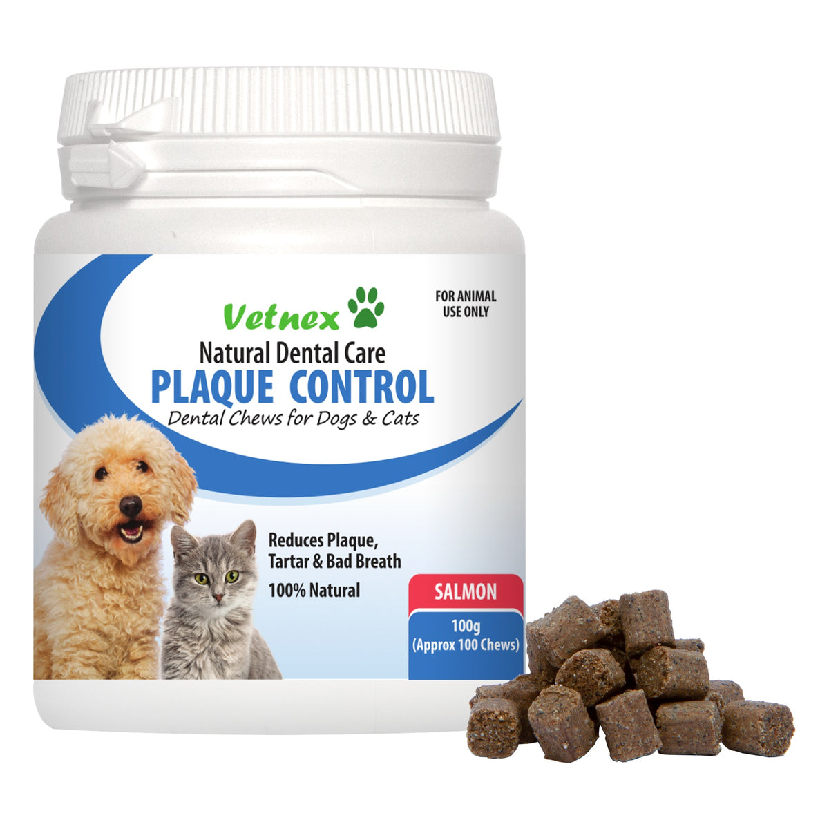Vetnex Plaque Control Dental Chews salmon flavour 100g tub for dogs and cats