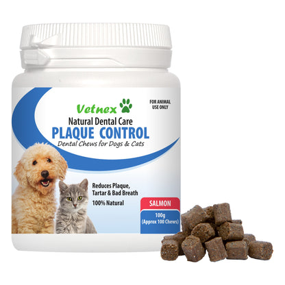 Vetnex Plaque Control Dental Chews salmon flavour 100g tub for dogs and cats