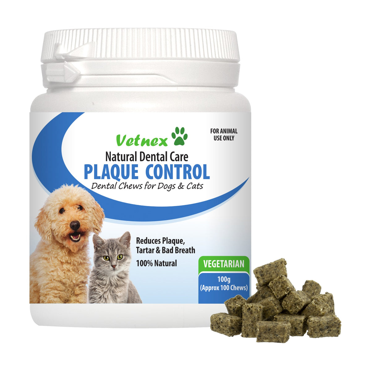 Vetnex Plaque Control Dental Chews vegetarian flavour 100g tub for dogs and cats