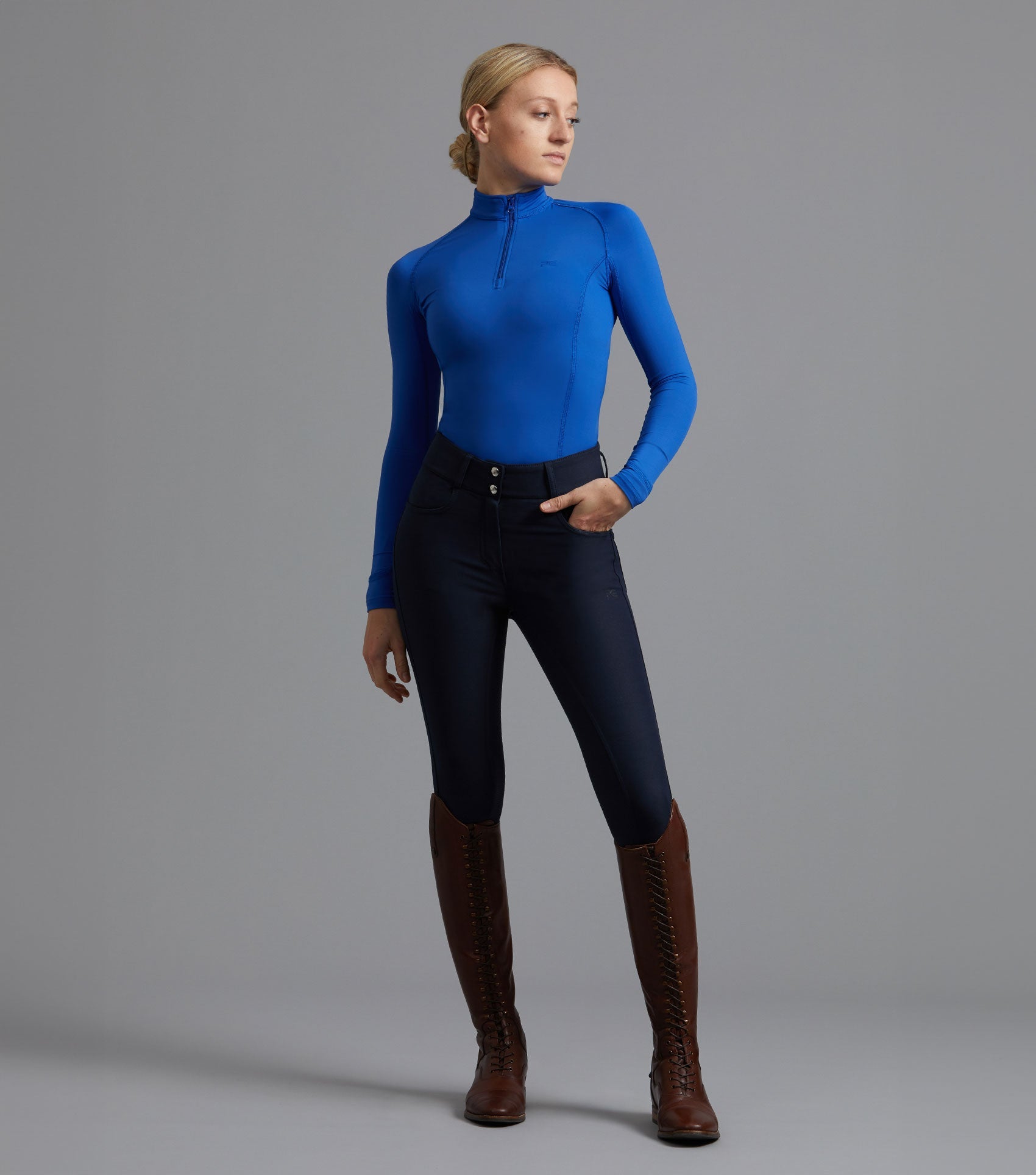 Description:Virtue Ladies Full Seat Gel Riding Breeches_Colour:Navy_Position:1