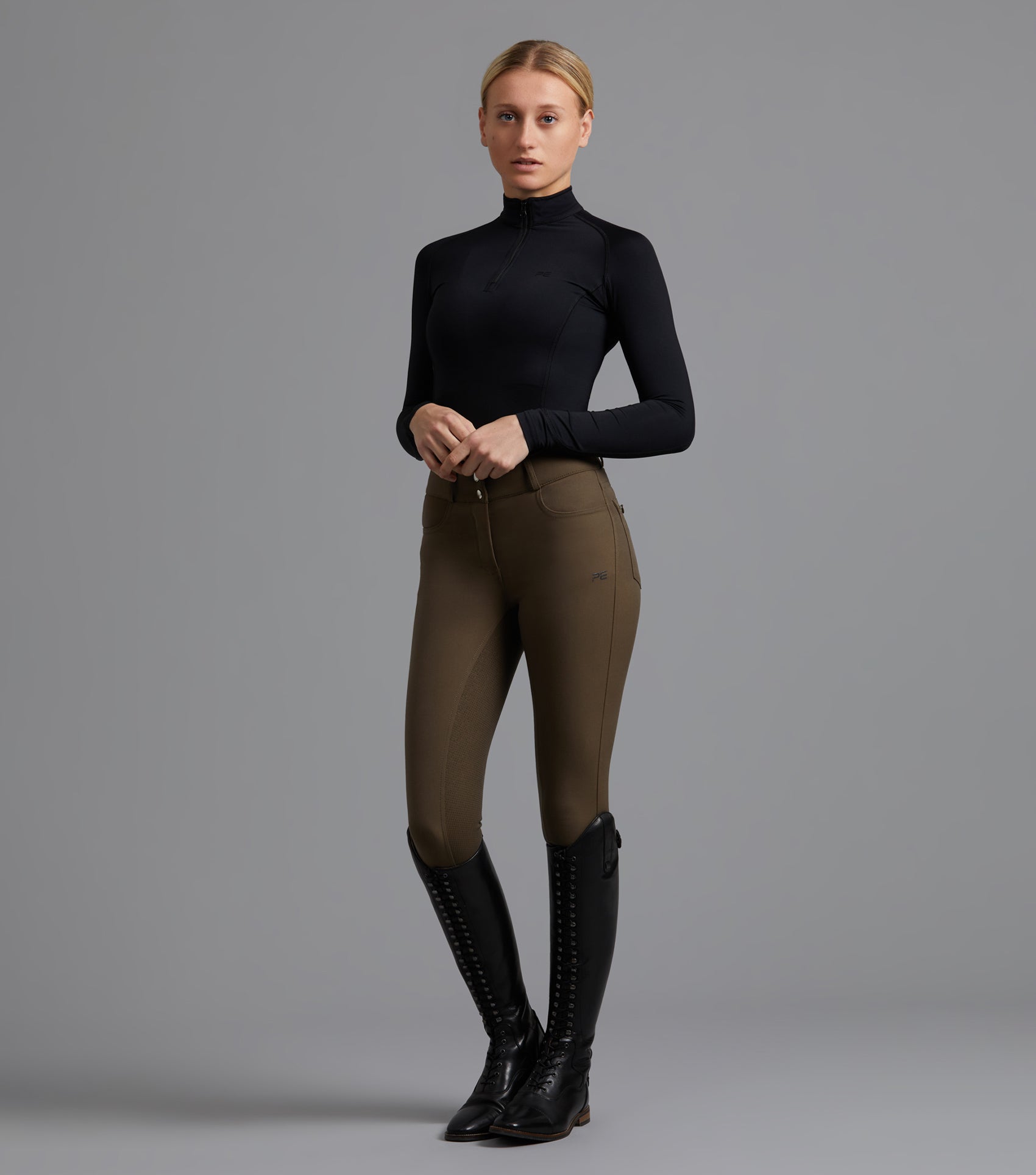 Description:Virtue Ladies Full Seat Gel Riding Breeches_Colour:Dark Olive_Position:1