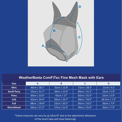 Weatherbeeta ComfiTec Double Dart Deluxe Fly Mask - Size Chart