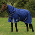 A horse wearing a blue Weatherbeeta Comfitec Premier Free II Detach-A-Neck horse blanket in a field.