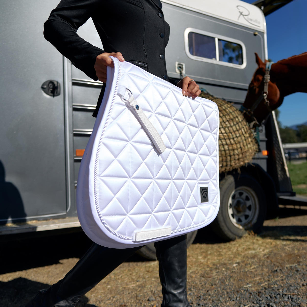 Weatherbeeta Satin Luxe Air-Tec Euro Jump Shaped Saddle Pad - White Lifestyle