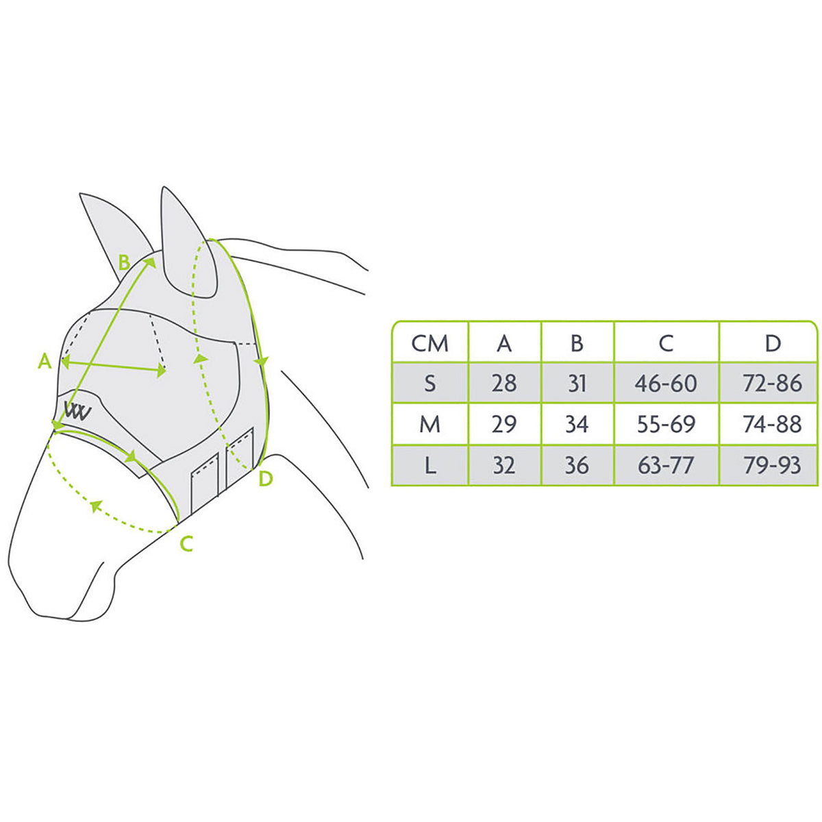 Zilco Woof Wear Ride-On Fly Mask - Size Chart