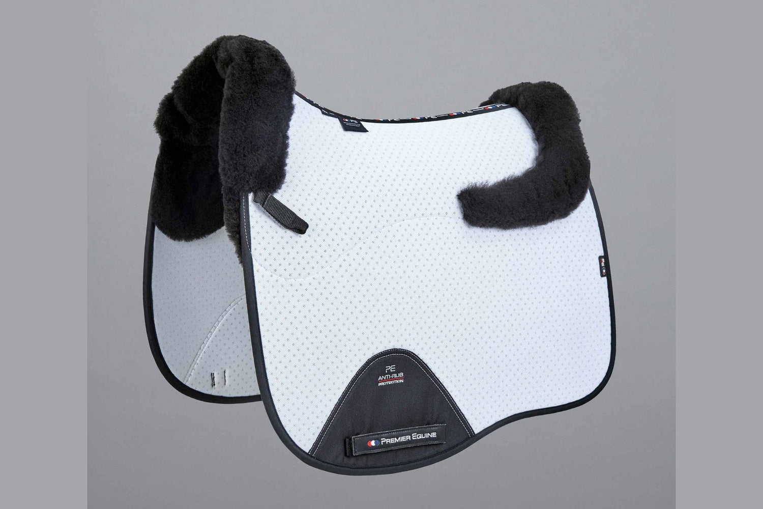 Description:Close Contact Airtechnology Shockproof Wool Saddle Pad - Dressage Square_Colour:White/Black Wool_Position:1