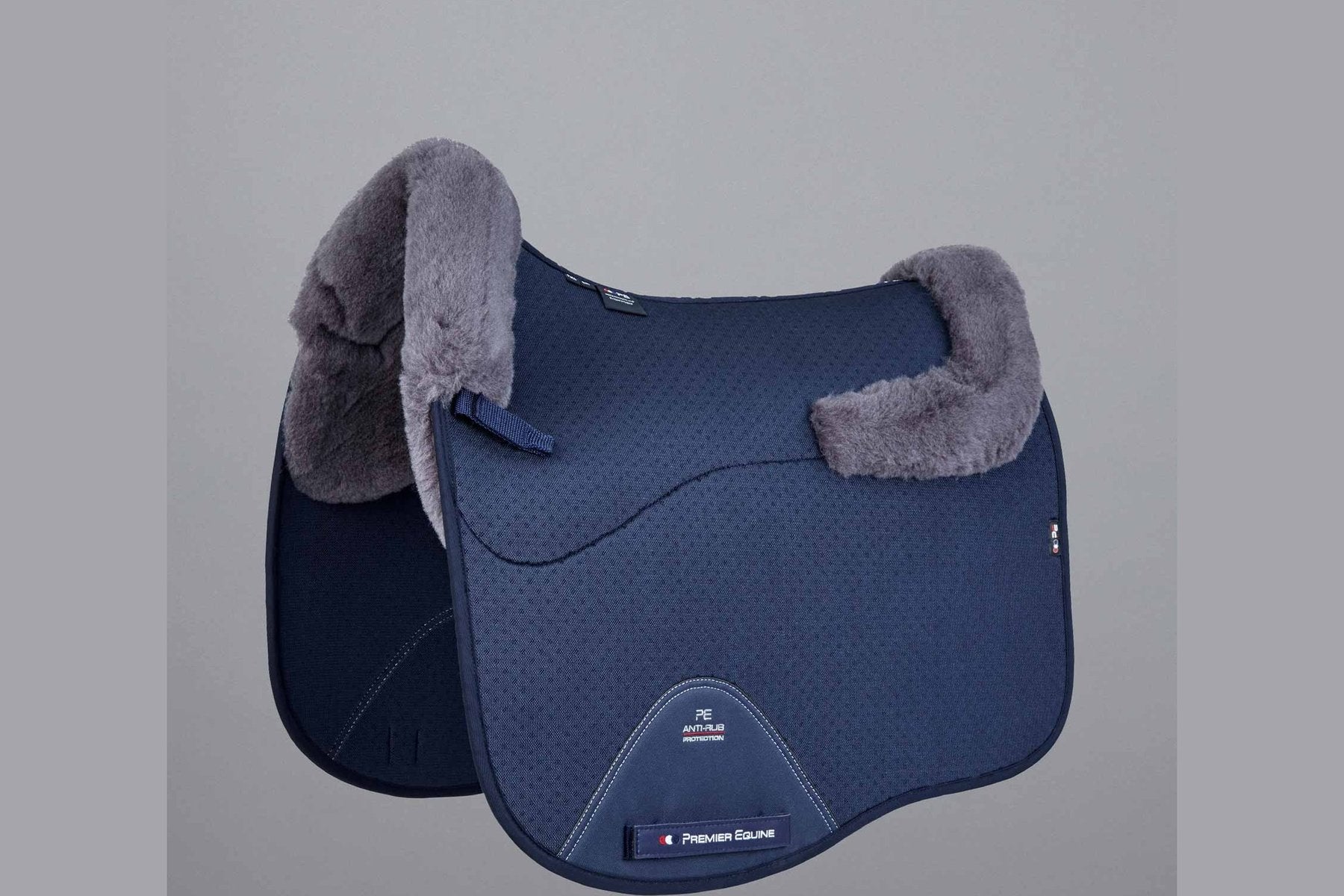 Description:Close Contact Airtechnology Shockproof Wool Saddle Pad - Dressage Square_Colour:Navy/Grey Wool_Position:1