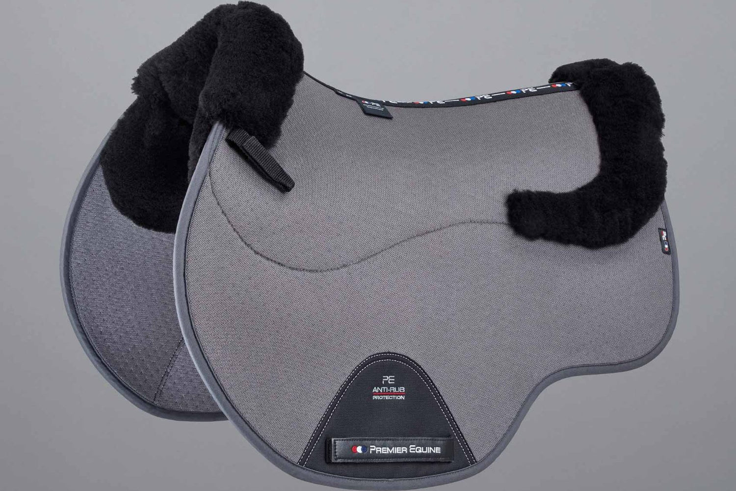Description:Close Contact Airtechnology Shockproof Wool Saddle Pad - GP/Jump Square_Colour:Grey/Black Wool_Position:1