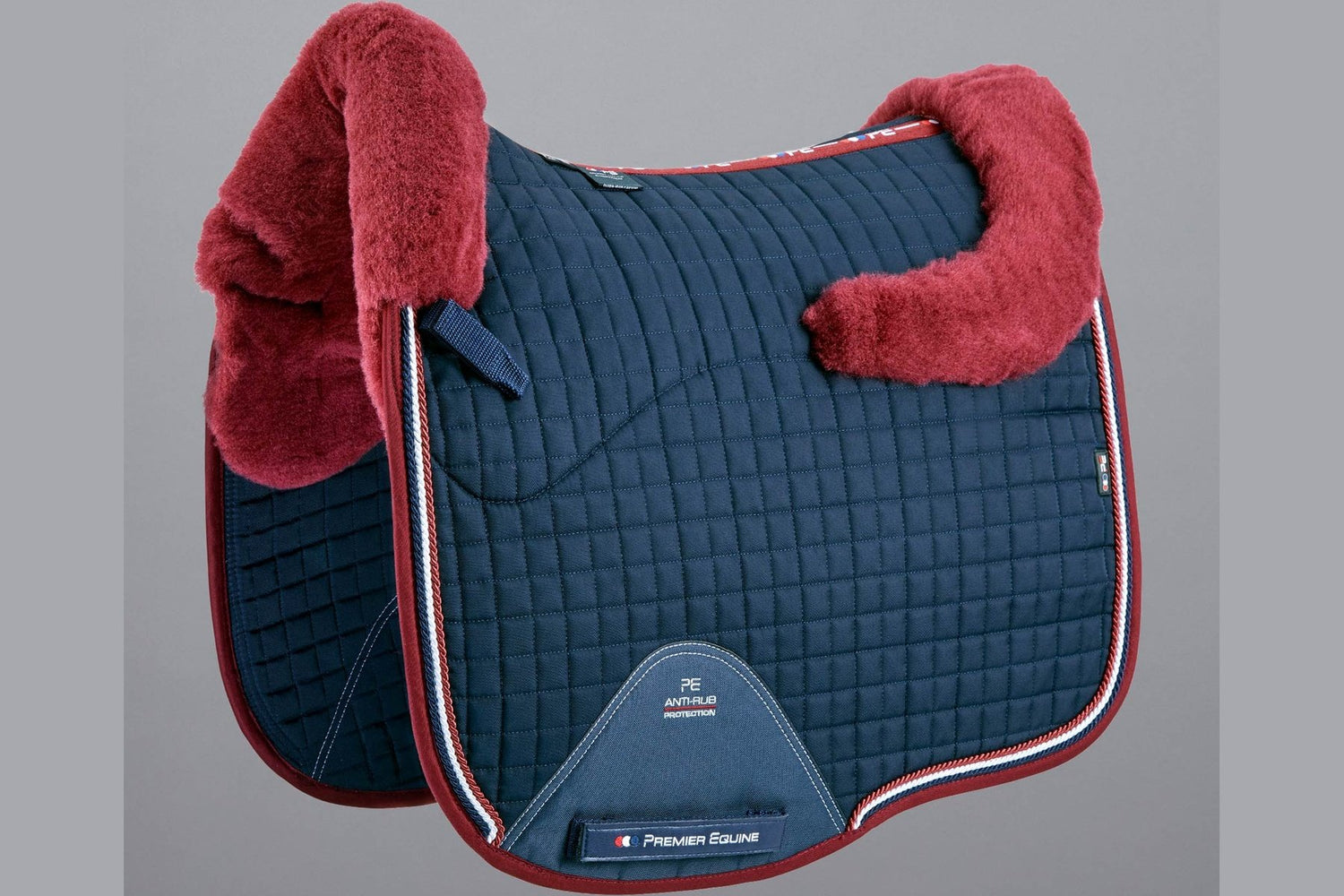 Description:Close Contact Merino Wool European Saddle Pad - Dressage Square_Colour:Navy/Burgundy Wool_Position:1