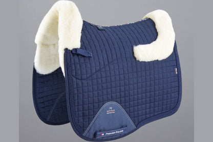 Description:Close Contact Merino Wool European Saddle Pad - Dressage Square_Colour:Navy/Natural Wool_Position:1
